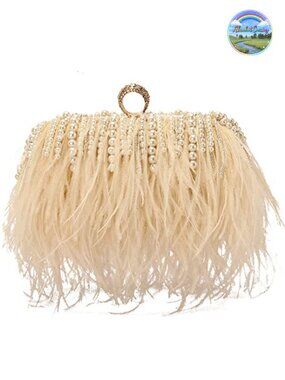 Women Real Natural Ostrich Feather Evening Bags Clutch Vintage Banquet Handbag